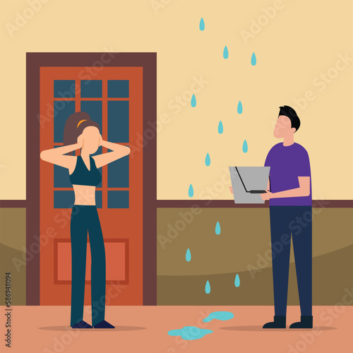 Husband and wife with leaking roof 2d vector illustration concept for banner, website, illustration, landing page, flyer