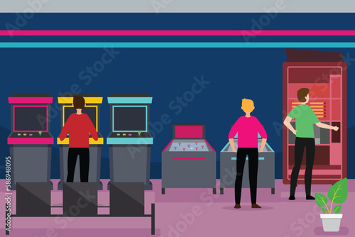 Adult teen and kid persons playing on retro arcade game machines 2d vector illustration concept for banner, website, illustration, landing page, flyer