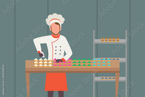 Chef making cup cakes 2d vector illustration concept for banner, website, illustration, landing page, flyer