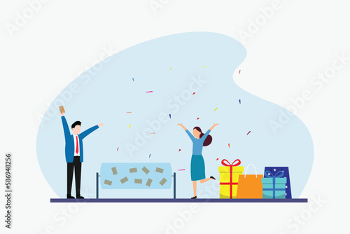 Lucky girl winning prizes gift box 2d vector illustration concept for banner, website, illustration, landing page, flyer
