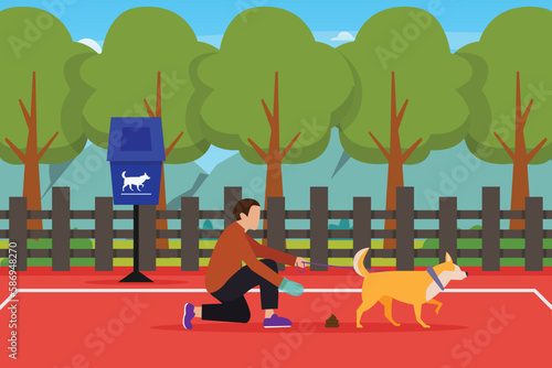 Pet Owner Walking with Dog in Park and Gathering Excrement with plastic glove 2d vector illustration concept for banner, website, illustration, landing page, flyer