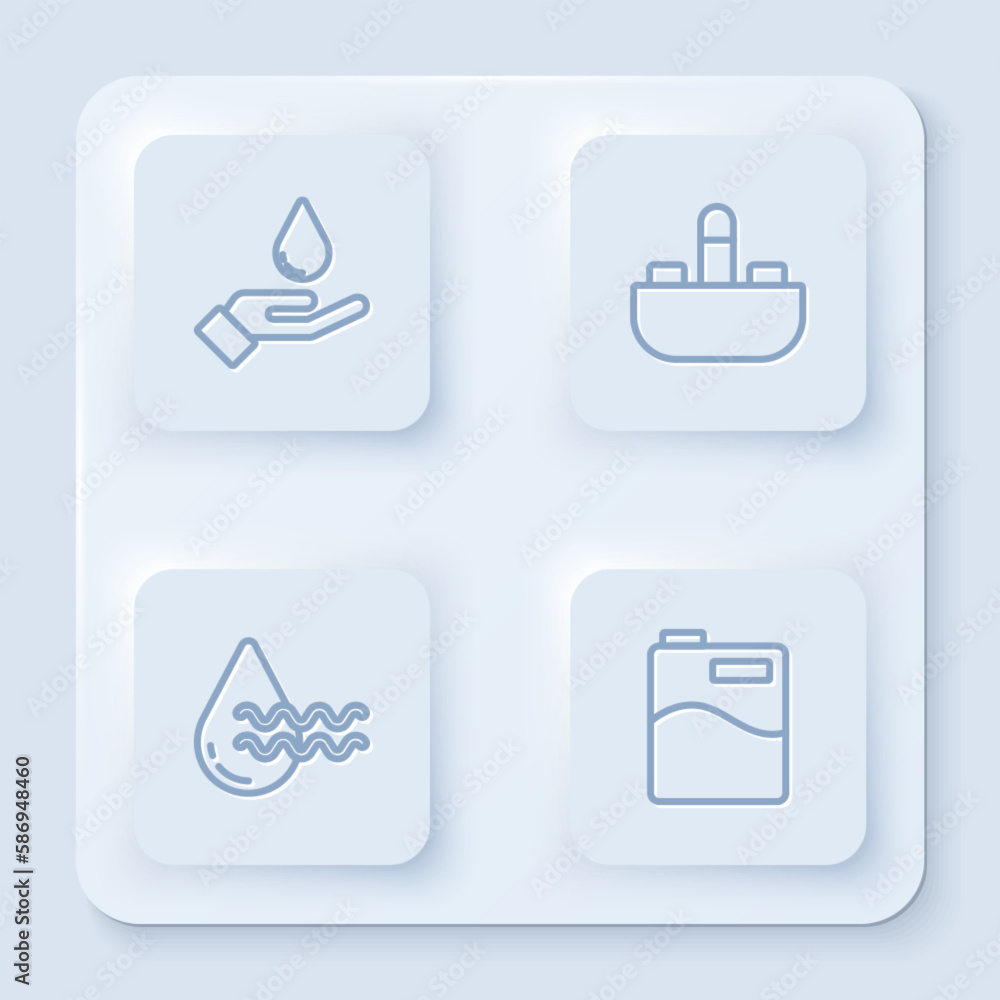 Set line Washing hands with soap, Washbasin water tap, Recycle clean aqua and Big bottle. White square button. Vector Set line Washing hands with soap, Washbasin water tap, Recycle clean aqua and Big bottle. White square button. Vector