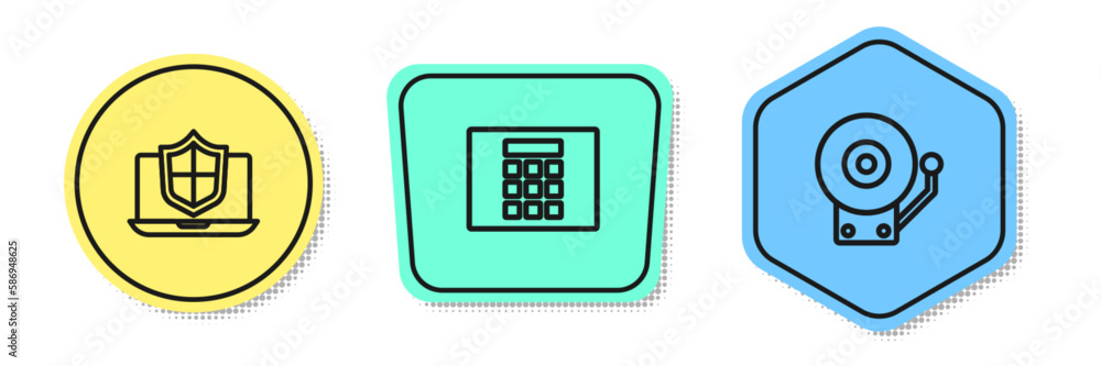 Set line Laptop protected with shield, Password protection and Ringing alarm bell. Colored shapes. Vector Set line Laptop protected with shield, Password protection and Ringing alarm bell. Colored shapes. Vector