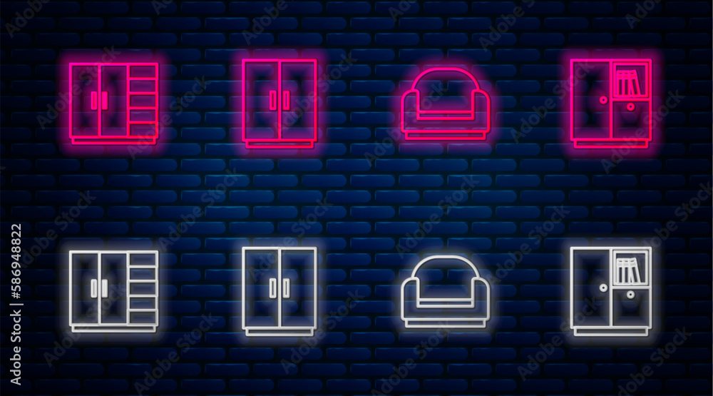 Set line Wardrobe, Armchair, and . Glowing neon icon on brick wall. Vector Set line Wardrobe, Armchair, and . Glowing neon icon on brick wall. Vector