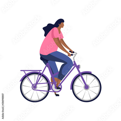 Flat vector image of woman riding bicycle. Female rider clipart or cyclist outdoor activity. Wheel and pedal transport for girl. Bicycler or cyclist, bicyclist illustration. Cycling, leisure, biking