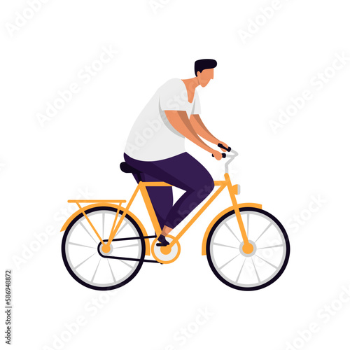 Fototapeta Naklejka Na Ścianę i Meble -  Bicyclist or man rider on bicycle vector image. Flat illustration of bicycler or biker, cyclist or wheelman. Male biking outdoor, adult guy doing exercise. Cartoon person on pedal transport. Activity.