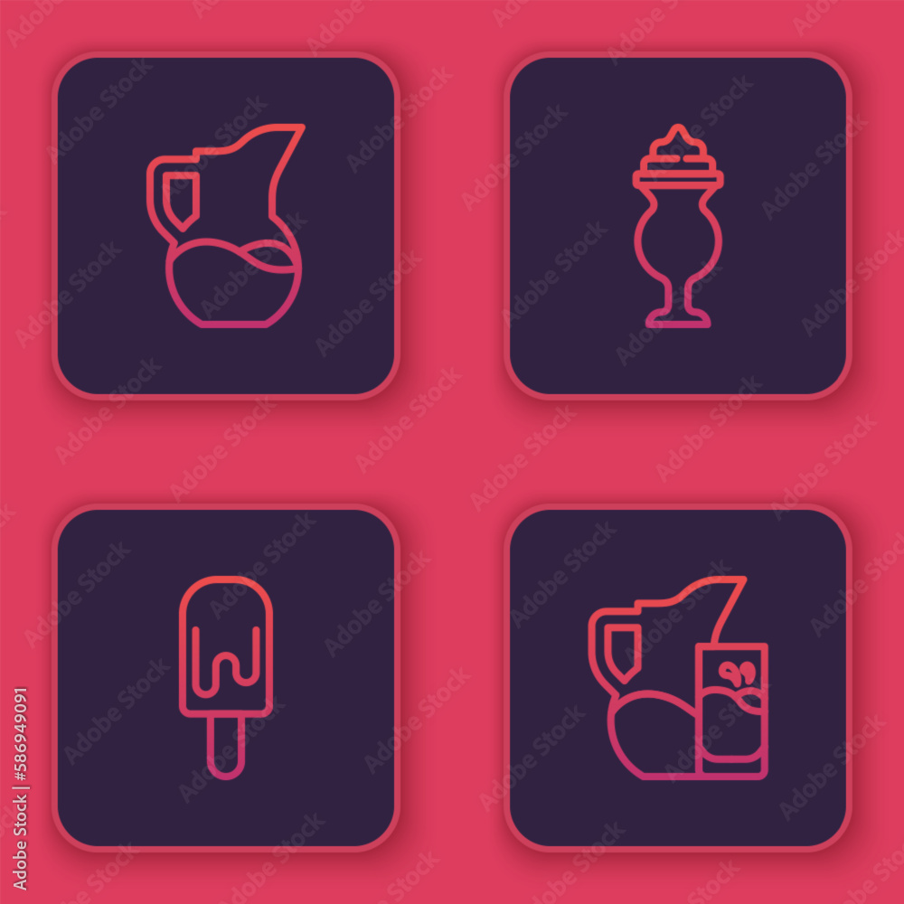 Set line Milk jug or pitcher, Ice cream, Milkshake and and glass. Blue square button. Vector Set line Milk jug or pitcher, Ice cream, Milkshake and and glass. Blue square button. Vector