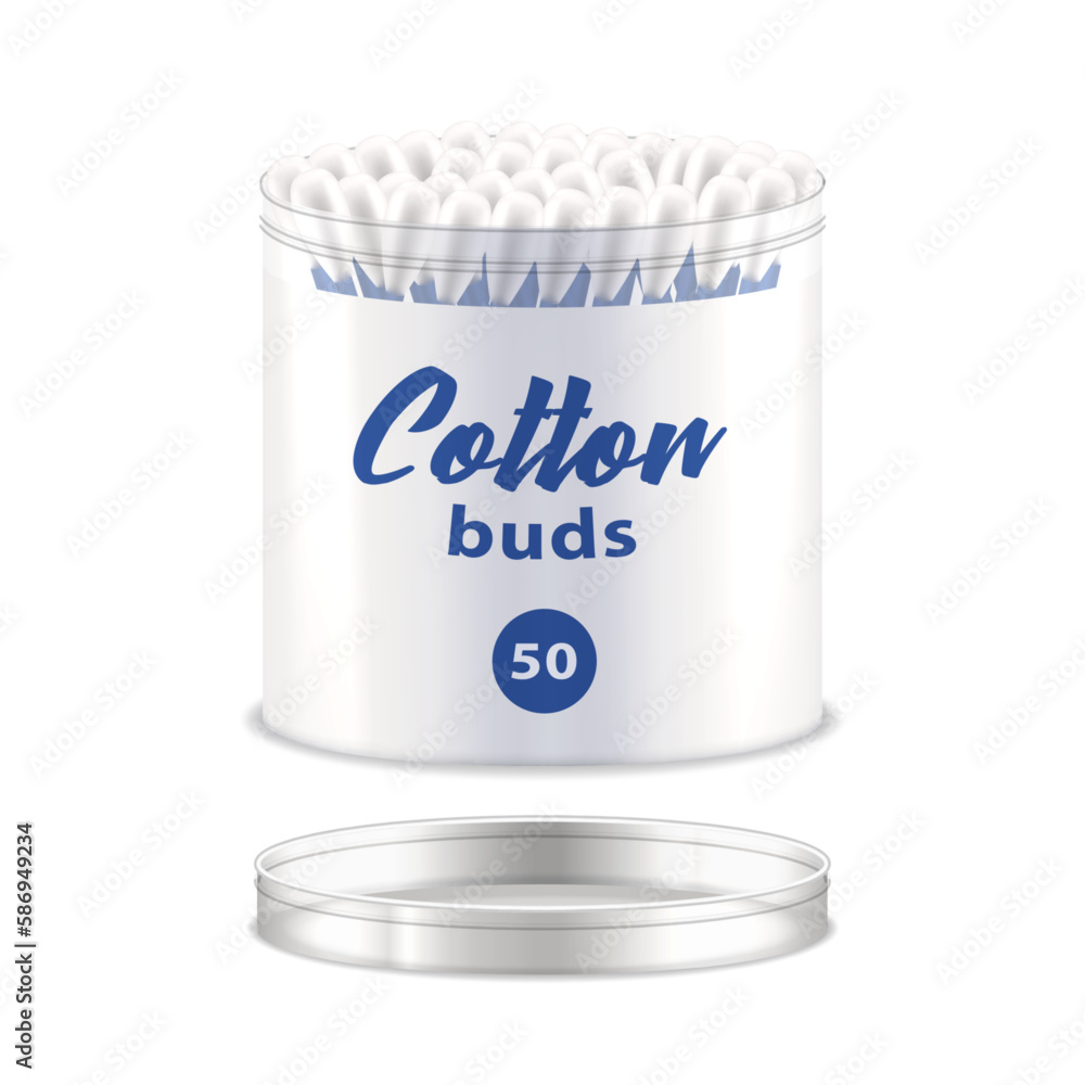 Isolated cotton swab or bud pack. Realistic ear stick package. Hygiene or medical tool for clean ears. Mock or close up for individual health utensil. Bathroom healthcare, hygienic theme. Toiletries. Isolated cotton swab or bud pack. Realistic ear stick package. Hygiene or medical tool for clean ears. Mock or close up for individual health utensil. Bathroom healthcare, hygienic theme. Toiletries.