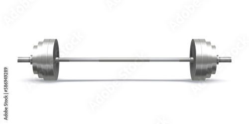 Vector barbell with rod. Illustration of long dumbbell with bar. Weightlifting and bodybuilding gear for gym. 3d Powerlifting exercise instrument. Heavy equipment for weightlifter or athlete training.