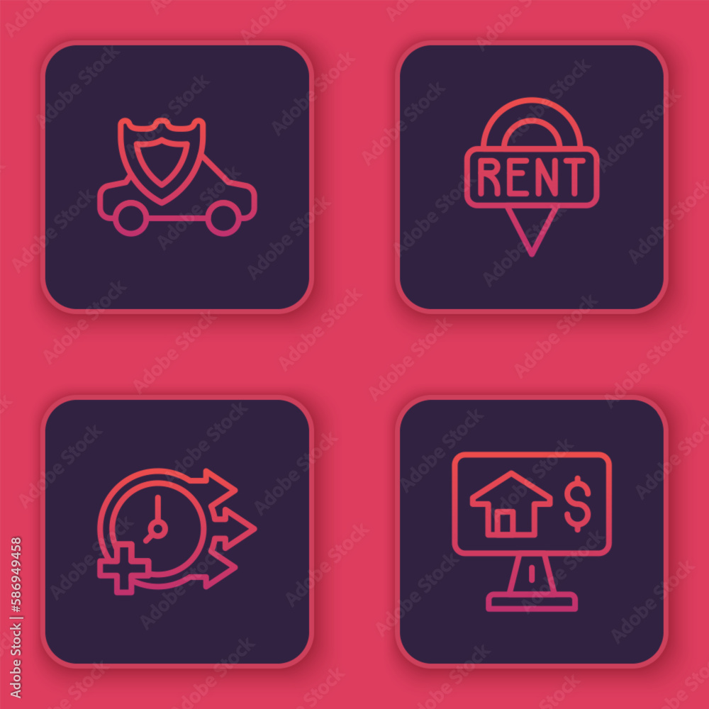 Set line Car with shield, Clock, Location key and Online real estate. Blue square button. Vector Set line Car with shield, Clock, Location key and Online real estate. Blue square button. Vector