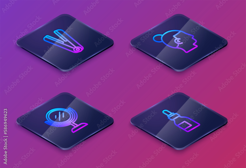 Set Isometric line Curling iron for hair, Hand mirror, Hairstyle men and Oil bottle. Blue square button. Vector Set Isometric line Curling iron for hair, Hand mirror, Hairstyle men and Oil bottle. Blue square button. Vector