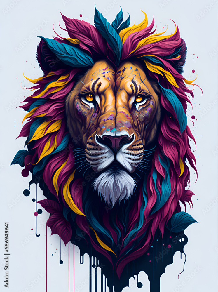 Lion head color splash art. AI generated illustration