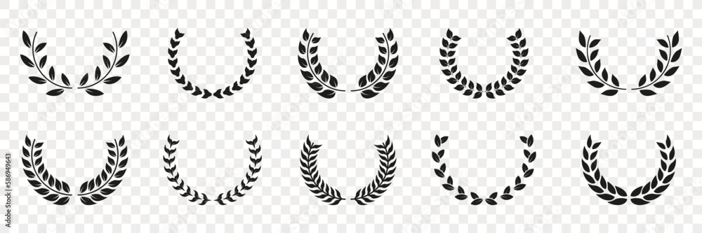 Laurel Wreath Silhouette Black Icon Set. Vintage Circle Olive Leaves, Achievement Emblem. Tree Branch Success Symbol. Winner Chaplet. Leaf Award, Trophy Glyph Pictogram. Isolated Vector Illustration