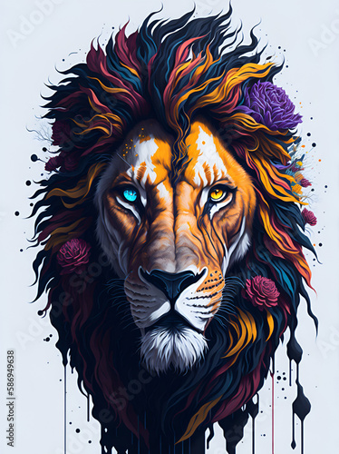 Lion head color splash art. AI generated illustration