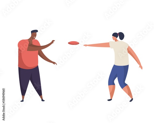 Simplistic characters playing frisbee game. Vector illustration for disk play. Throwing and catching disc activity. Flying plate exercise. Motion and leisure, recreation and active summer theme.
