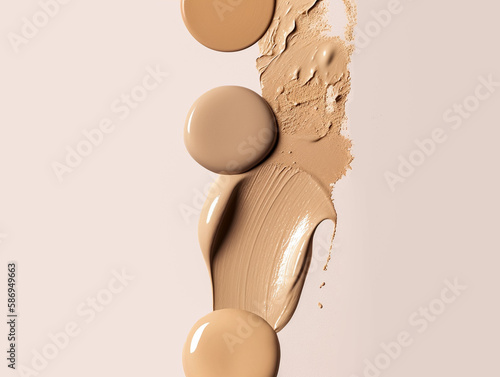 Composition with makeup cosmetics swatch on a pastel beige background. Cosmetics swatch with makeup concealers, cream, Foundation. 