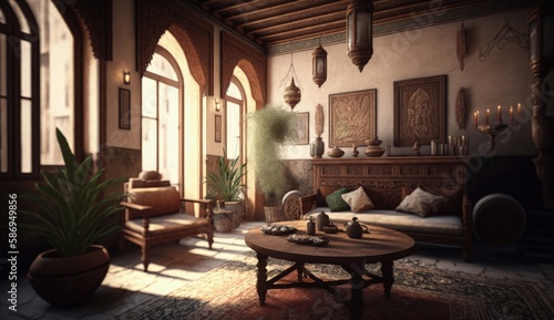 Arabian culture with this ultrarealistic 8k interior. Admire the beautiful craftsmanship and intricate details of the furniture  textiles  and decor. Generated by AI.