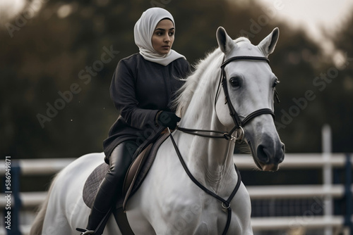 Young woman muslim petting horse in field, generative ai