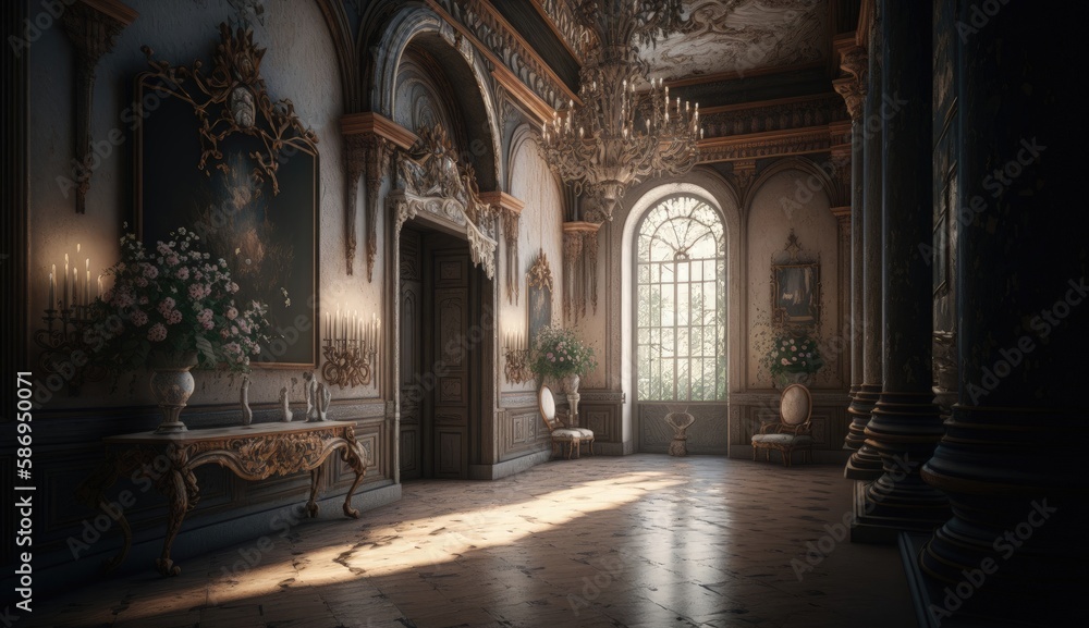 Baroque interior features a symphony of sculptural elements, from ornate moldings to intricate carvings, that create a visual feast for the senses. Generated by AI.