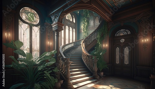 Art Nouveau interior, where sinuous lines, floral motifs, and vibrant colors combine to create a space that is both glamorous and welcoming. Generated by AI.
