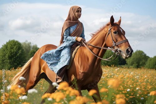 Young woman muslim with her horse, generative awi