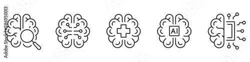 Human Brain AI Concept Black Line Icon Set. Neurology Science, Digital Technology Linear Pictogram. Artificial Intelligence Symbol on White Background. Editable Stroke. Isolated Vector Illustration