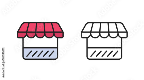 Icon store local small shop building storefront simple vector pictogram graphic, line outline art thin linear retail seller facade symbol minimal illustration design black white