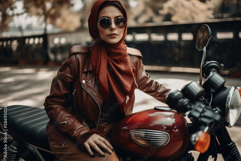 the beautiful muslim woman rides a motorcycle, generative ai the beautiful muslim woman rides a motorcycle, generative ai