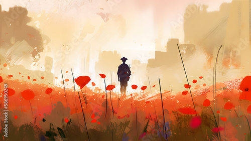 Abstract painting concept. Colorful art style of a soldier in a red poppies field. Anzac day - Lest we forget. Generative AI. photo