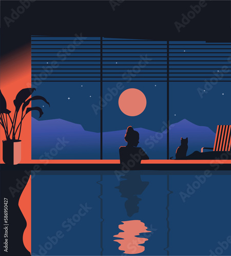 Night sky woman in the pool with a cat gazing at stars