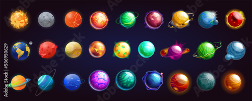 Set of vector icons of planets and cosmic stars. Isolated cartoon globe of earth and moon. Saturn, uranus, jupiter, mercury, pluto, neptune, mars, venus. Astronomy and cosmos satellite, solar theme.