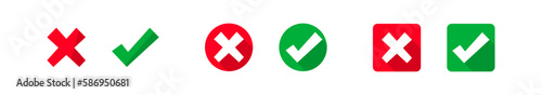 Check and cross mark, set red and green icon in square of a square and a circle. Isolated web buttons in flat style. Vector illustration