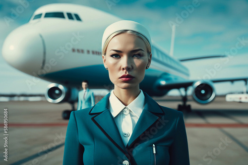 Cheerful female stewardess standing near airplane at airport. Generative AI
