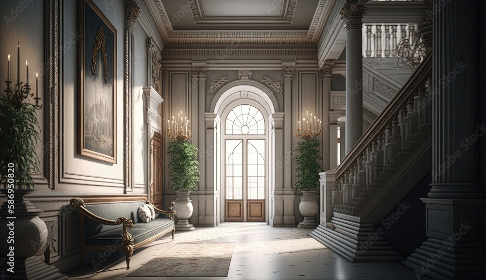 The neoclassical interior embodies a sense of elegance and sophistication, with its rich materials, fine craftsmanship, and attention to detail. Generated by AI.