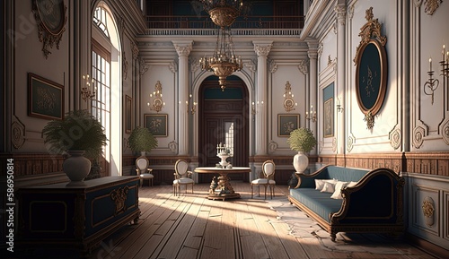 Neoclassical interiors showcase a sense of order and balance, with clean lines, a restrained color palette, and an emphasis on classical forms and motifs. Generated by AI. photo