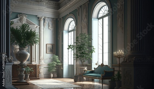 Neoclassical interiors are characterized by their restrained color palette, clean lines, and harmonious proportions. Generated by AI. © Кирилл Макаров