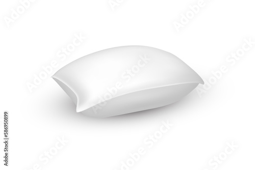 Mockup or closeup of blank pillow side view. Mock or close up of cushion for product print or advertising. Interior element for bed. Realistic furnishing for home decor. Manufacturing and sleep theme.