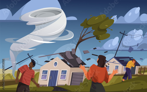 Tornado or whirlwind, vector illustration. Landscape of natural disaster or whirlpool of strong wind. Cyclone or weather phenomenon. Buildings destruction or damage. Scared people. photo