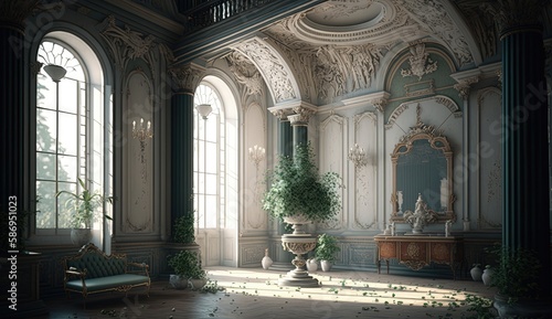 Rococo interior is a stunning display of opulence and extravagance  with its richly decorated walls  ceilings  and furniture  and its lavish use of gold and ornate detailing. Generated by AI.