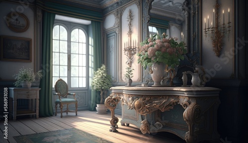 Rococo interior captures the essence of the Rococo period, with its playful and whimsical aesthetic, pastel colors, and emphasis on curves and asymmetry. Generated by AI. photo