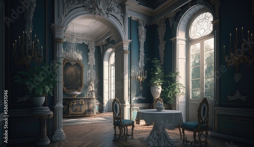 Rococo interior showcases the playful and whimsical side of the Rococo period, with its elaborate decorations, curvilinear forms, and emphasis on decorative arts. Generated by AI.