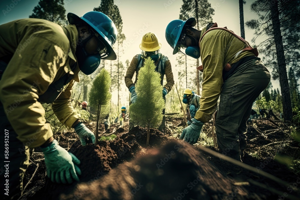 team plants trees against deforestation. Generative AI