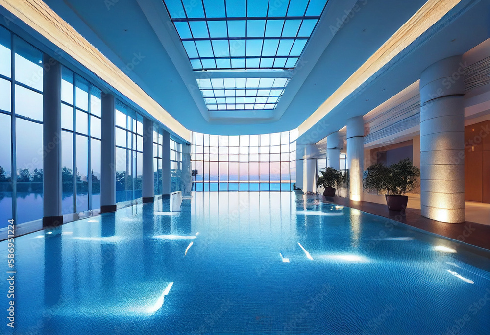 Fototapeta premium Large bright pool with long walkways and panoramic windows. AI Generated