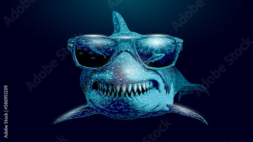 Ocean shark in sunglasses. Open toothy dangerous mouth with many teeth. Underwater blue sea waves clear water shark swims forward.