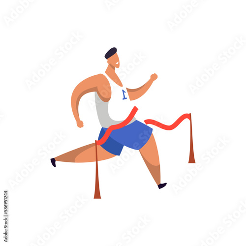 Vector illustration with runner winning marathon. Simple cartoon athlete with ribbon. Clipart with sprinter on race. Champion and speed, sport and jogging, athletics and finish, competition theme.