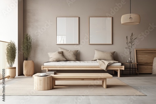 Conceptual home design in modern Scandinavian style. Beige plaster wall mockup. Wooden table and d  cor with minimal couch. Excellent quality. Generative AI