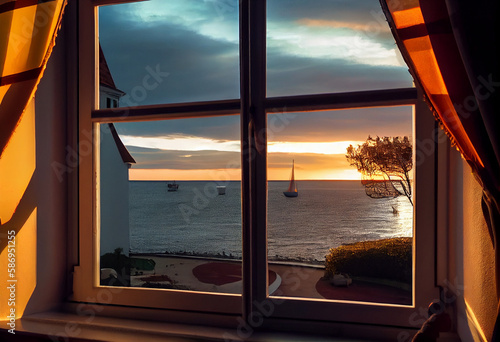 View from a farmhouse in a beautiful sunset on the sea and a lonely sailboat. AI Generated ©  iiulia