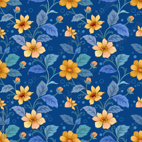Wallpaper Mural Beautiful blooming flowers design on blue color background seamless pattern. Can be used for fabric textile wallpaper. Torontodigital.ca
