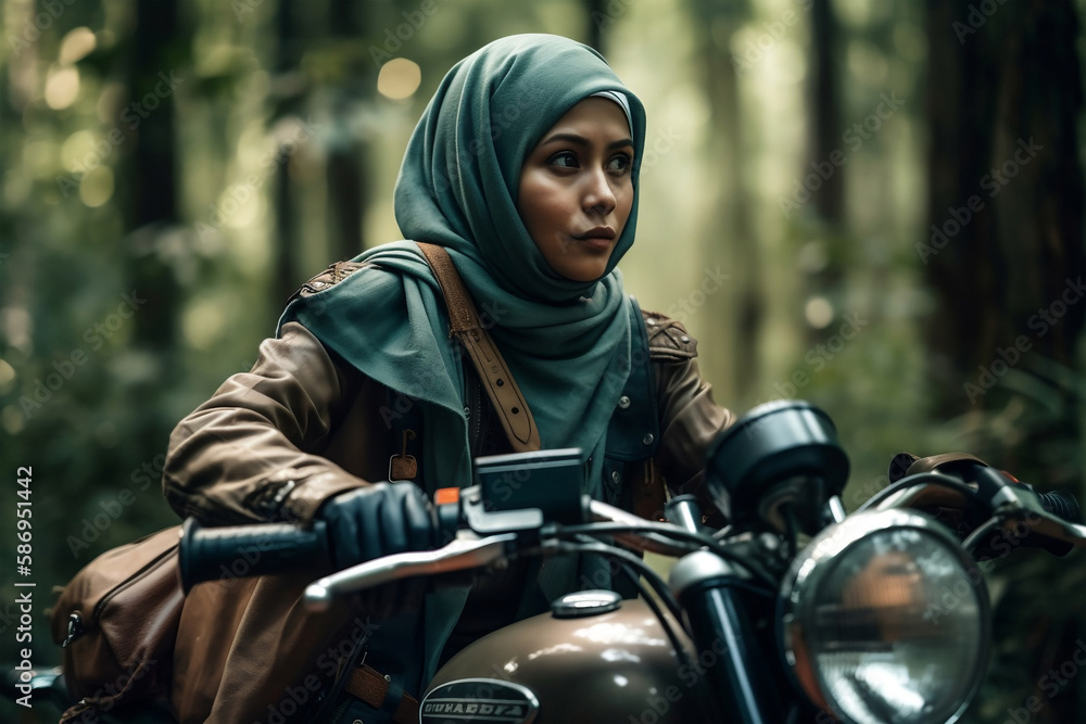 Muslim woman on motorcycle, generative ai