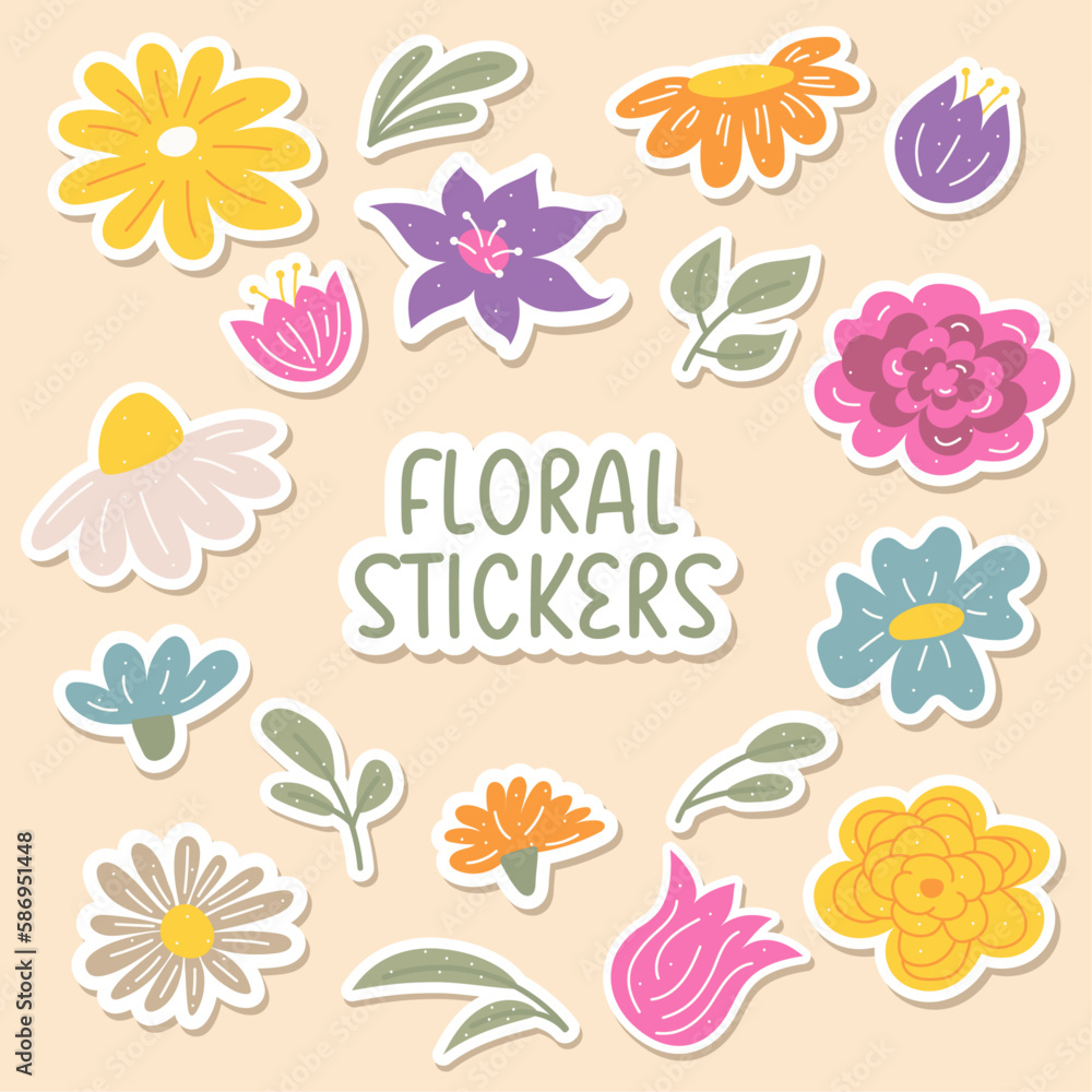flower stickers, magnets collection with decorative floral design
